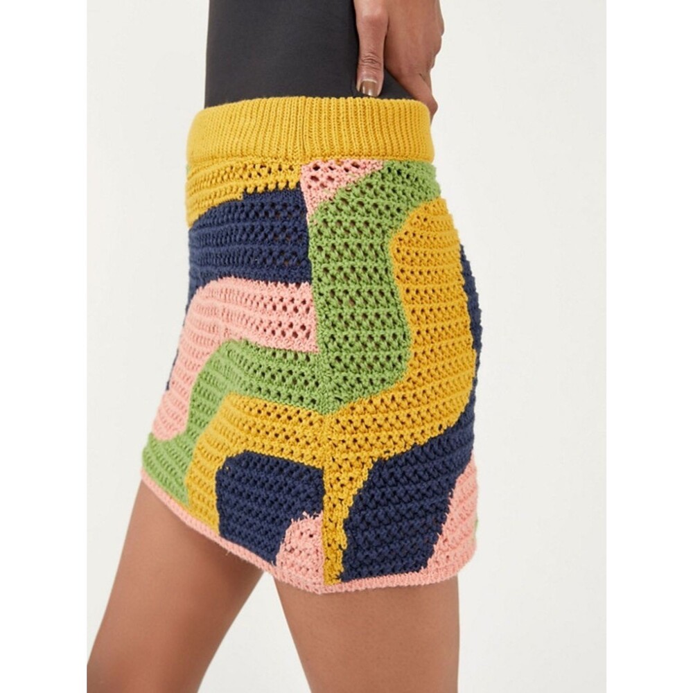 Free People Crocheted Wave Stripe Mini Skirt in Yellow, Pink, Navy & Green EUC